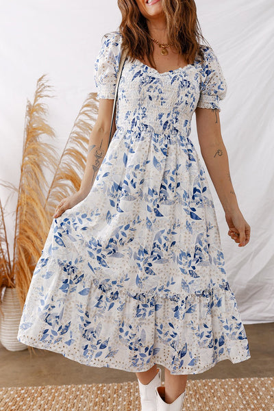 Women's Sky Blue Floral Smocked Viscose Midi Dress