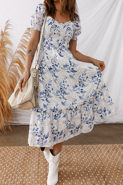 Women's Sky Blue Floral Smocked Viscose Midi Dress