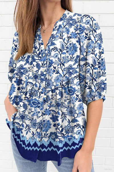 Women's Sky Blue Floral V-Neck Puff Sleeve Blouse