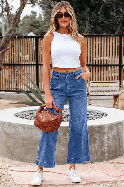 Women's Sky Blue High-Rise Cropped Wide Leg Jeans