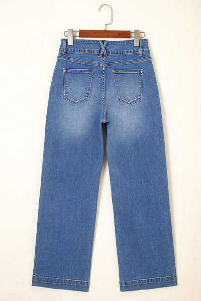 Women's Sky Blue High-Waist Wide-Leg Jeans with Double Button