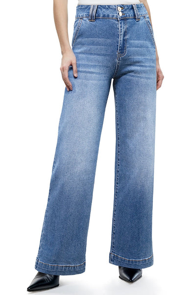 Women's Sky Blue High-Waist Wide-Leg Jeans with Double Button