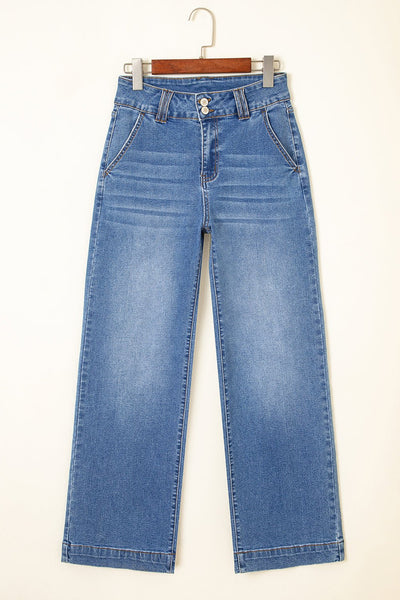 Women's Sky Blue High-Waist Wide-Leg Jeans with Double Button