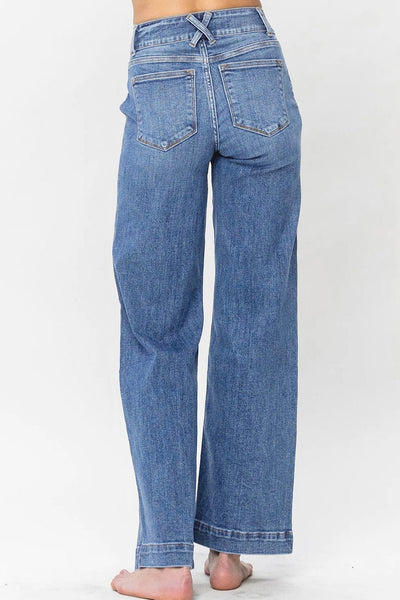 Women's Sky Blue High-Waist Wide-Leg Jeans with Double Button