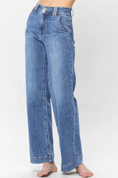 Women's Sky Blue High-Waist Wide-Leg Jeans with Double Button