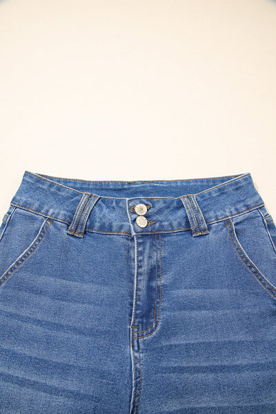Women's Sky Blue High-Waist Wide-Leg Jeans with Double Button