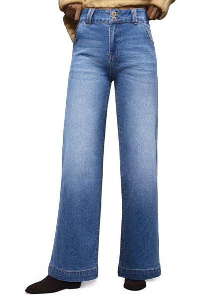 Women's Sky Blue High-Waist Wide-Leg Jeans with Double Button