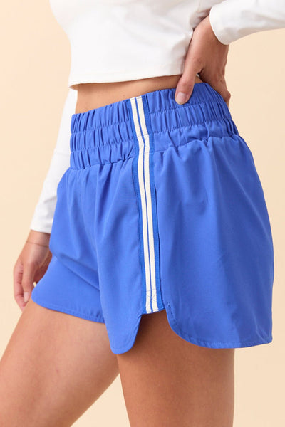 Women's Sky Blue High-Waisted Athleisure Shorts with Varsity Stripes