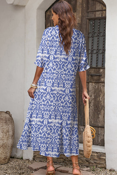 Women's Sky Blue Ikat Abstract Print Maxi Dress with Tassel Waist