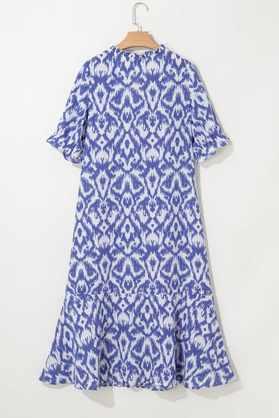 Women's Sky Blue Ikat Abstract Print Maxi Dress with Tassel Waist