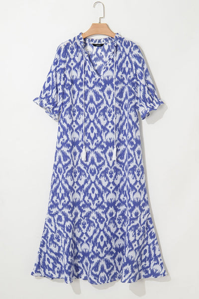 Women's Sky Blue Ikat Abstract Print Maxi Dress with Tassel Waist