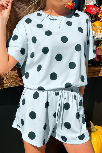 Women's Sky Blue Polka Dot Tee and Drawstring Shorts Lounge Set