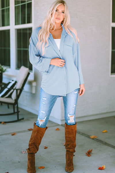 Women's Sky Blue Ribbed Cording Shacket with Roll-Tab Sleeves
