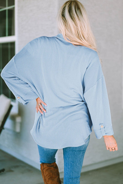 Women's Sky Blue Ribbed Cording Shacket with Roll-Tab Sleeves