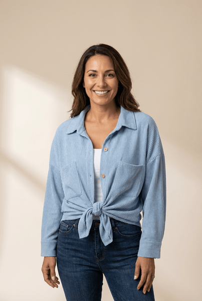 Women's Sky Blue Ribbed Cording Shacket with Roll-Tab Sleeves