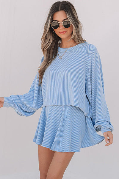 Women's Sky Blue Ribbed Knit Two-Piece Skirt Set with Lantern Sleeves