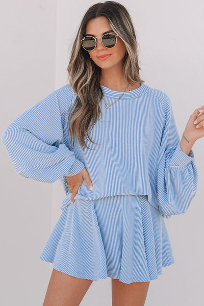 Women's Sky Blue Ribbed Knit Two-Piece Skirt Set with Lantern Sleeves