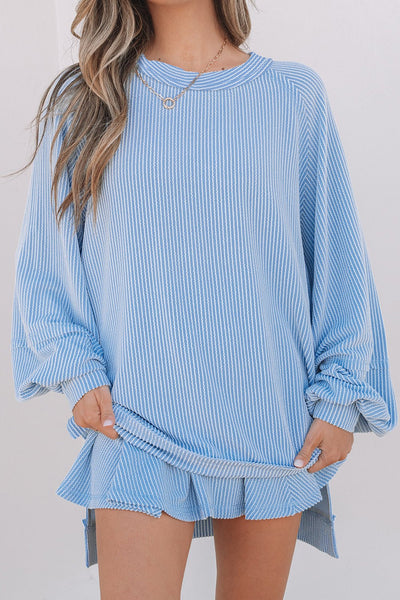 Women's Sky Blue Ribbed Knit Two-Piece Skirt Set with Lantern Sleeves