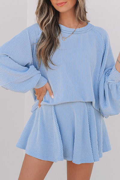 Women's Sky Blue Ribbed Knit Two-Piece Skirt Set with Lantern Sleeves