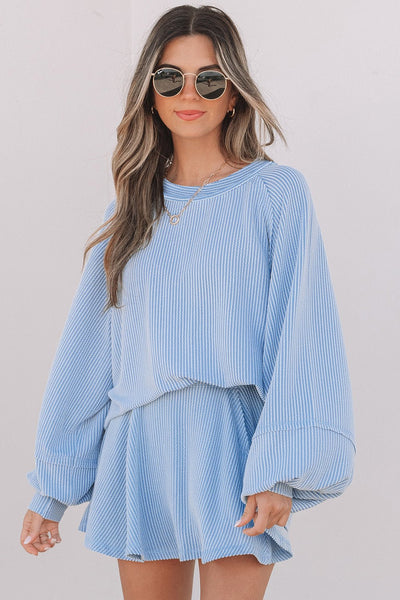 Women's Sky Blue Ribbed Knit Two-Piece Skirt Set with Lantern Sleeves