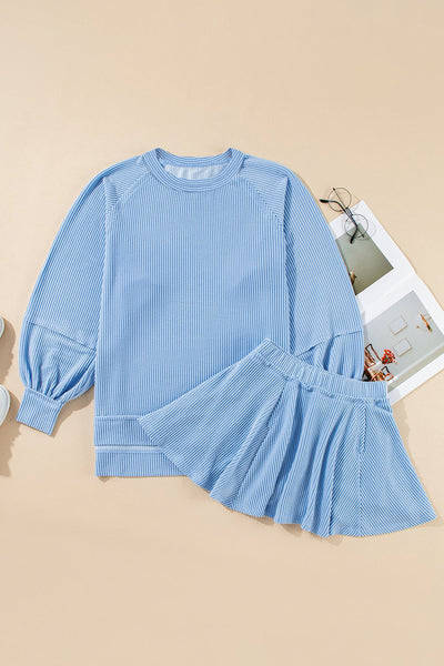 Women's Sky Blue Ribbed Knit Two-Piece Skirt Set with Lantern Sleeves