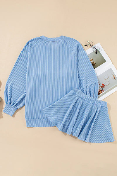 Women's Sky Blue Ribbed Knit Two-Piece Skirt Set with Lantern Sleeves