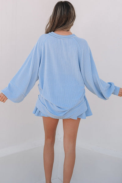 Women's Sky Blue Ribbed Knit Two-Piece Skirt Set with Lantern Sleeves