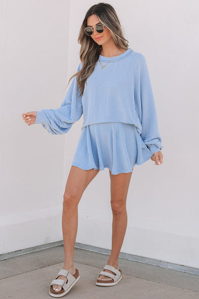 Women's Sky Blue Ribbed Knit Two-Piece Skirt Set with Lantern Sleeves