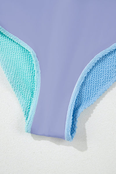 Women's Sky Blue Seersucker Colorblock High-Waist Bikini
