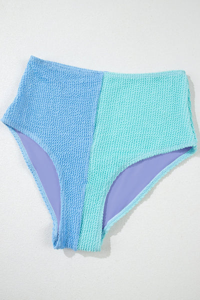Women's Sky Blue Seersucker Colorblock High-Waist Bikini