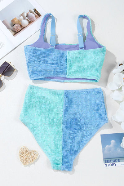Women's Sky Blue Seersucker Colorblock High-Waist Bikini