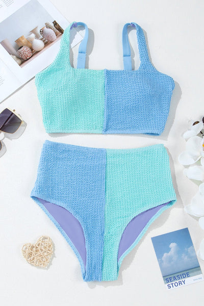 Women's Sky Blue Seersucker Colorblock High-Waist Bikini
