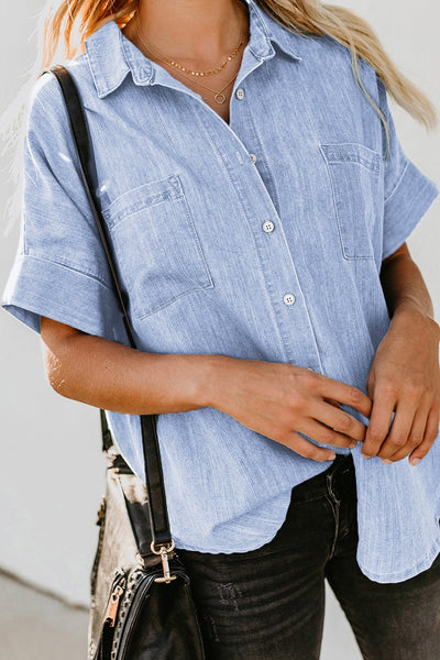 Women's Sky Blue Short-Sleeve Cotton Denim Shirt