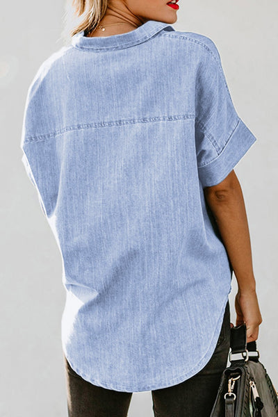Women's Sky Blue Short-Sleeve Cotton Denim Shirt