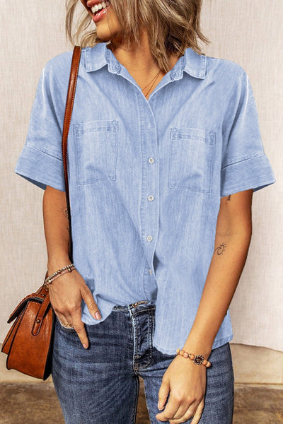 Women's Sky Blue Short-Sleeve Cotton Denim Shirt