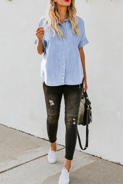 Women's Sky Blue Short-Sleeve Cotton Denim Shirt