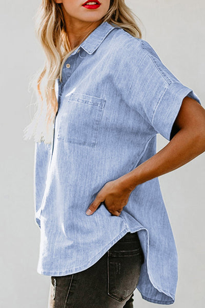 Women's Sky Blue Short-Sleeve Cotton Denim Shirt