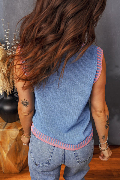 Women's Sky Blue Sleeveless Knit Sweater with Contrast Trim