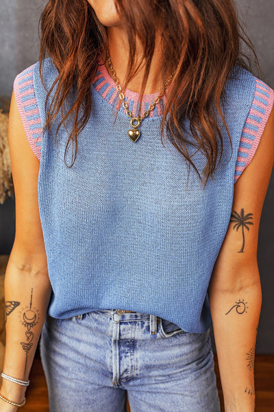 Women's Sky Blue Sleeveless Knit Sweater with Contrast Trim