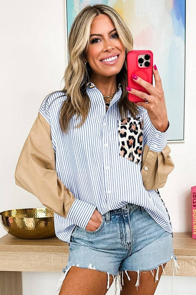 Women's Sky Blue Striped Colorblock Shirt with Leopard Patchwork