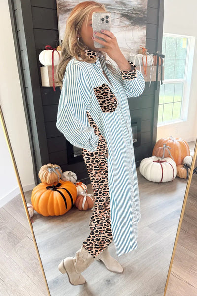 Women's Sky Blue Striped Leopard Patchwork Midi Shirt Dress