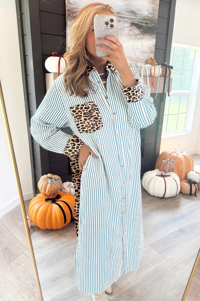 Women's Sky Blue Striped Leopard Patchwork Midi Shirt Dress
