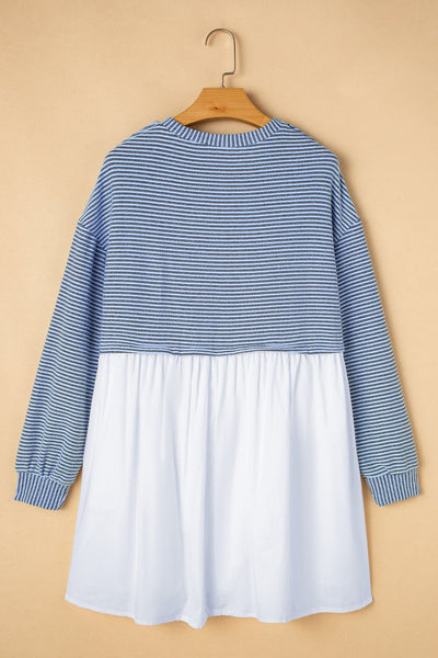 Women's Sky Blue Striped Patchwork Mini Dress with Pockets
