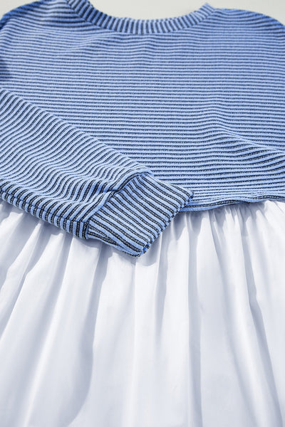 Women's Sky Blue Striped Patchwork Mini Dress with Pockets