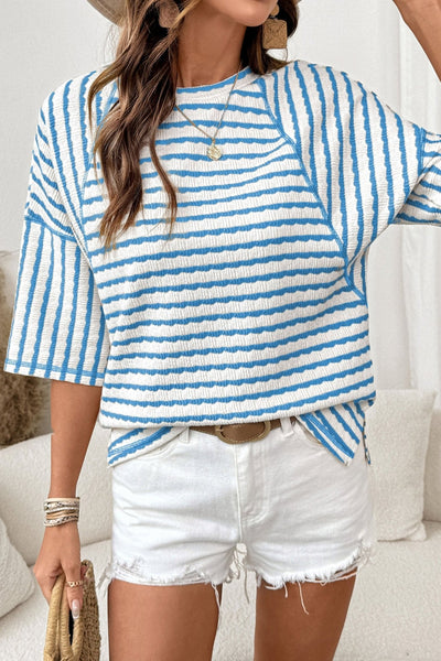 Women's Sky Blue Striped Relaxed Knit Top with Raglan Sleeves