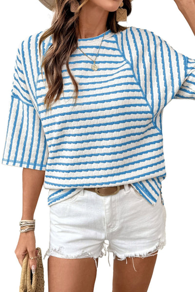 Women's Sky Blue Striped Relaxed Knit Top with Raglan Sleeves