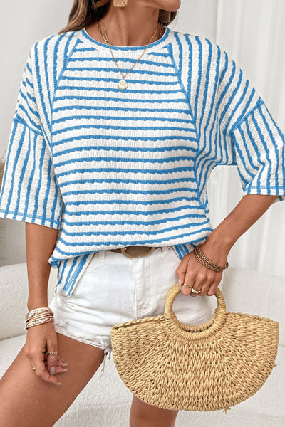 Women's Sky Blue Striped Relaxed Knit Top with Raglan Sleeves