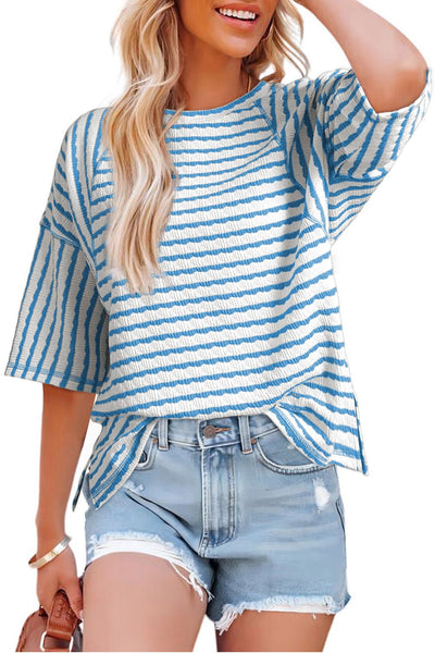 Women's Sky Blue Striped Relaxed Knit Top with Raglan Sleeves