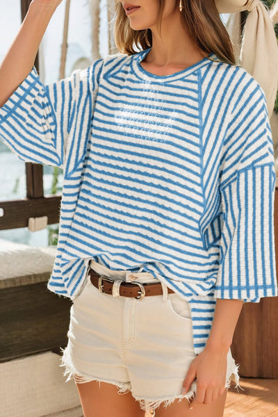 Women's Sky Blue Striped Relaxed Knit Top with Raglan Sleeves