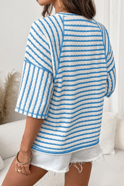 Women's Sky Blue Striped Relaxed Knit Top with Raglan Sleeves